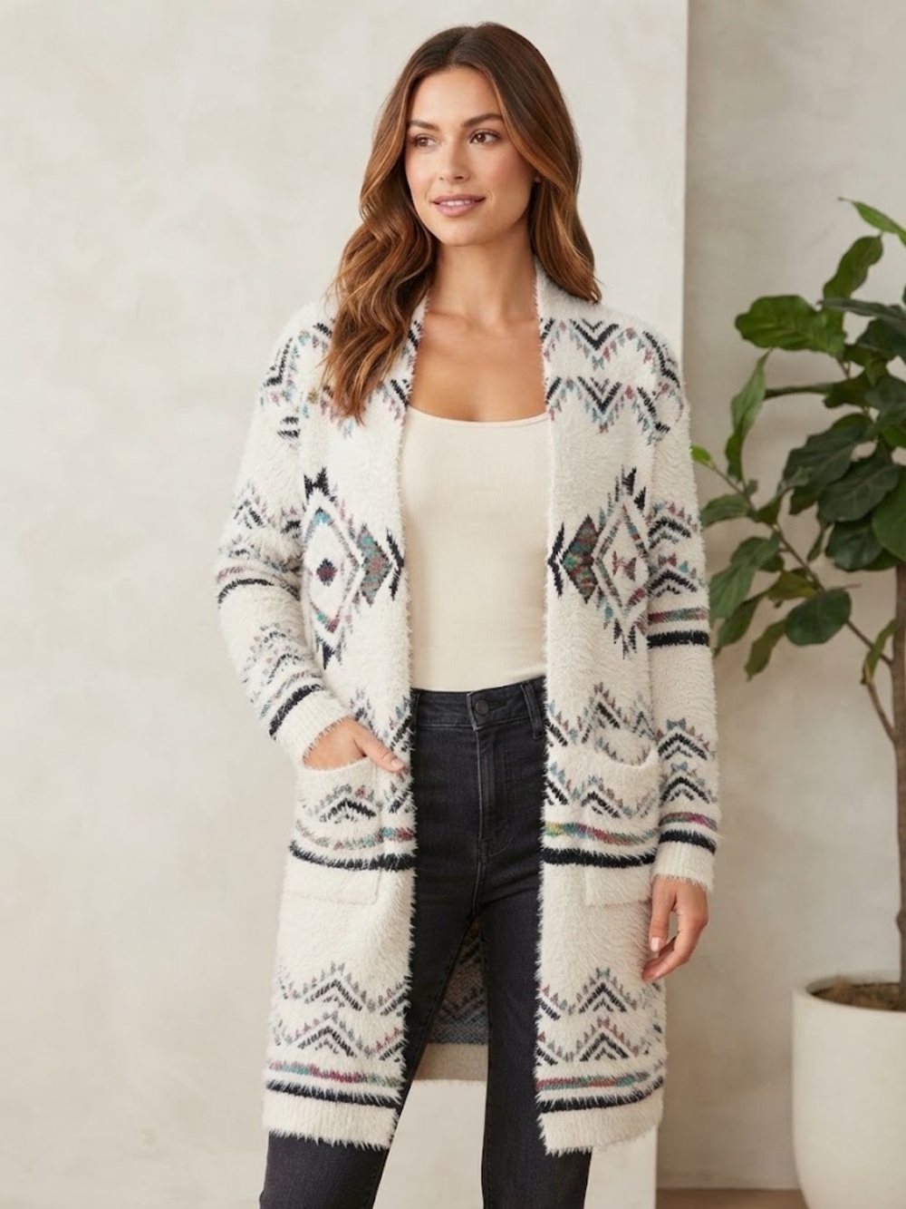 Cozy Cream Tribal Aztec Patterned Open Front Fuzzy Sweater Cardigan size M